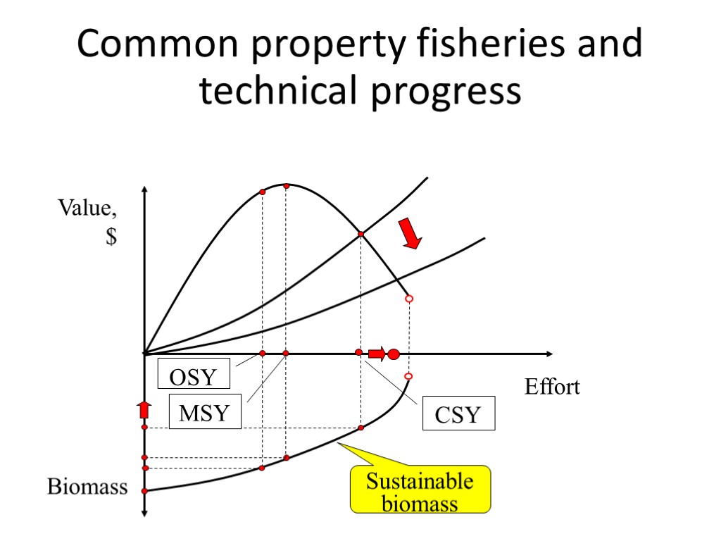 Common property fisheries and technical progress Value, $ Effort Biomass Sustainable biomass OSY CSY